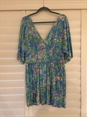 Lilly Pulitzer Blue Tropical Print V-Neck Skirted Romper